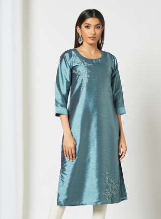 Trendy Handwork Round Neck Mid Length Kurta Blue