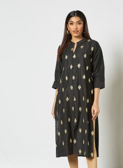 Ethnic Embroidered Mandarin Neck Three Quarter Sleeve Kurta Black