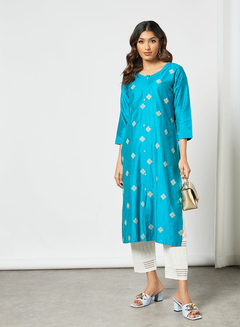 Zyna Fashion - Ethnic Embroidered Detail Mid Length Kurta Blue - Image 1