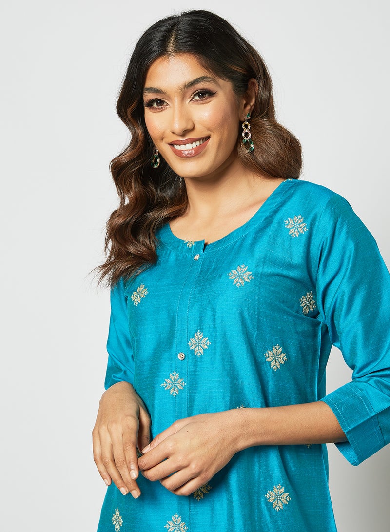 Zyna Fashion - Ethnic Embroidered Detail Mid Length Kurta Blue - Image 1