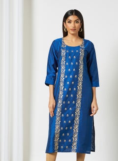 Trendy Round Neck Embroidered Three Quarter Sleeve Kurta Blue