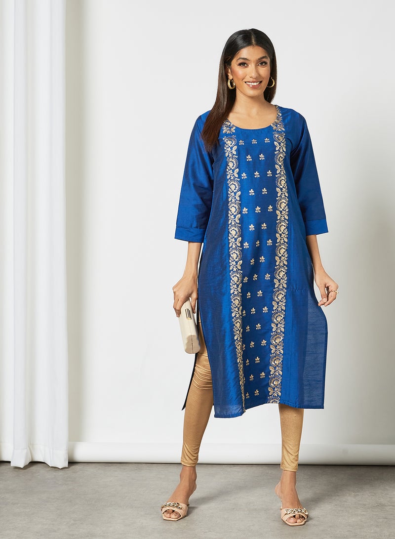 Zyna Fashion - Trendy Round Neck Embroidered Three Quarter Sleeve Kurta Blue - Image 1