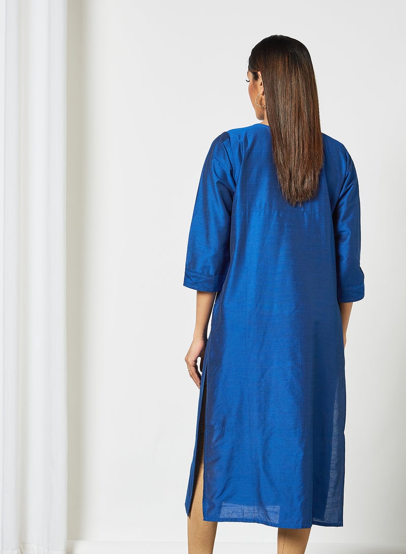 Zyna Fashion - Trendy Round Neck Embroidered Three Quarter Sleeve Kurta Blue - Image 1