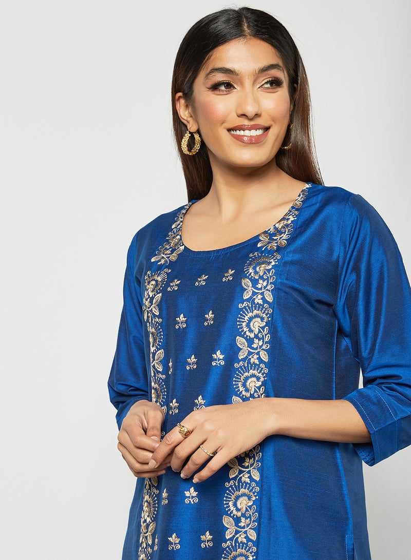 Zyna Fashion - Trendy Round Neck Embroidered Three Quarter Sleeve Kurta Blue - Image 1