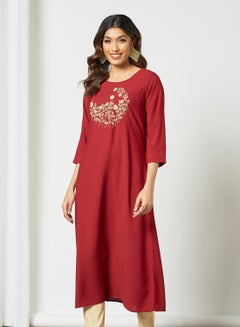 Trendy Embroidered Handwork Mid Length Kurti Red