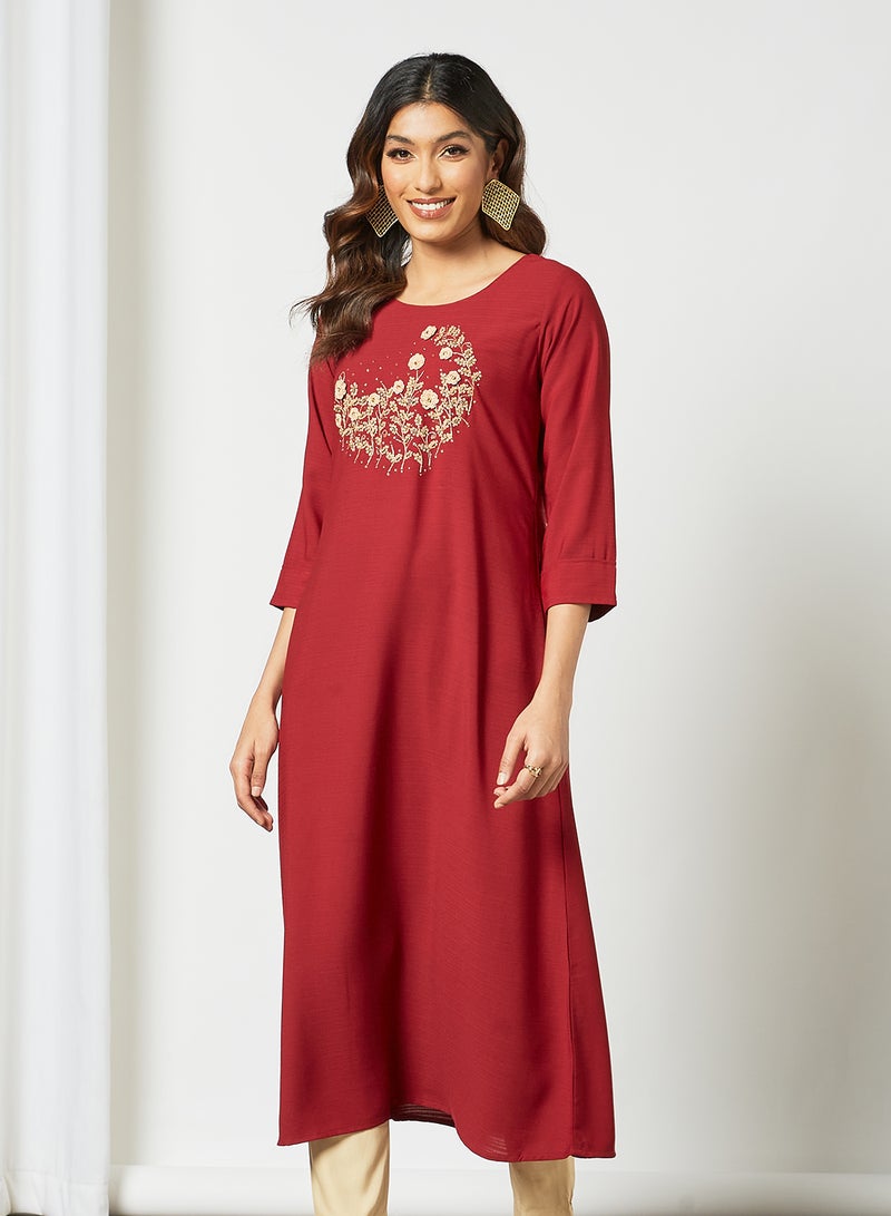 Zyna Fashion - Trendy Embroidered Handwork Mid Length Kurti Red - Image 1