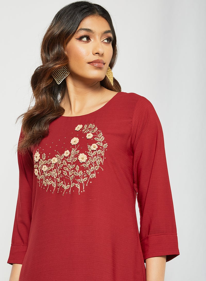Zyna Fashion - Trendy Embroidered Handwork Mid Length Kurti Red - Image 1