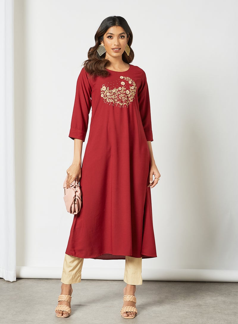 Zyna Fashion - Trendy Embroidered Handwork Mid Length Kurti Red - Image 1
