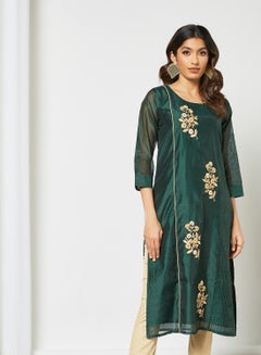 Trendy Embroidered Handwork Mid Length Kurti Green