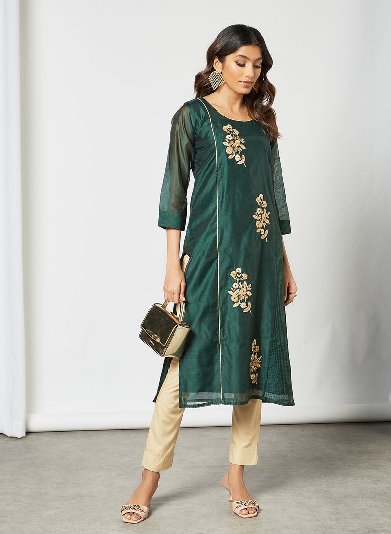 Zyna Fashion - Trendy Embroidered Handwork Mid Length Kurti Green - Image 1
