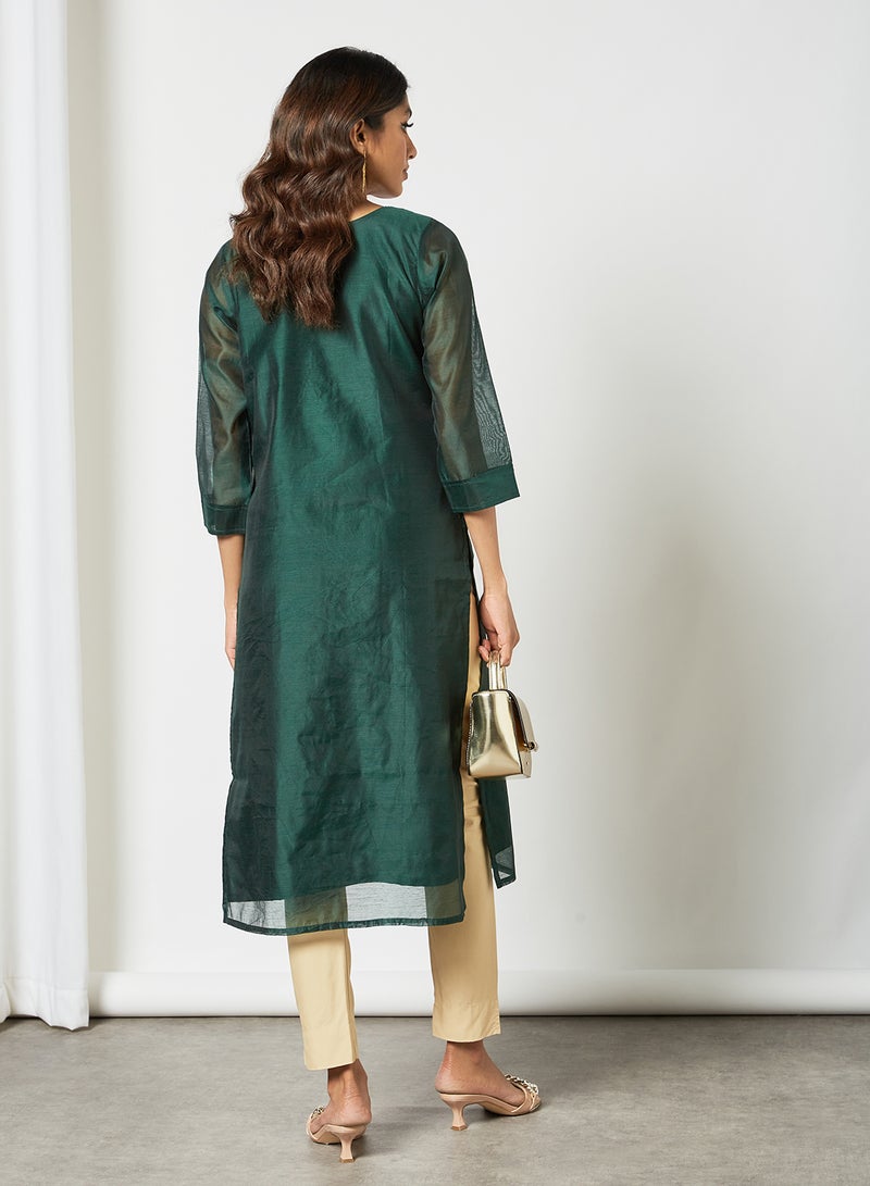 Zyna Fashion - Trendy Embroidered Handwork Mid Length Kurti Green - Image 1