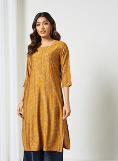 Ethnic Printed Round Neck Mid Length Kurta Mustard