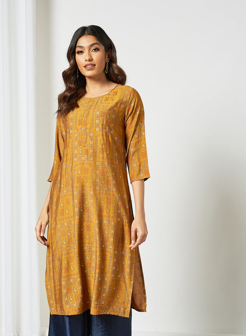 Zyna Fashion - Ethnic Printed Round Neck Mid Length Kurta Mustard - Image 1