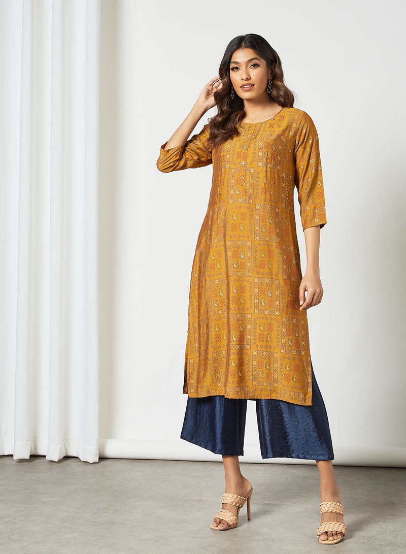Zyna Fashion - Ethnic Printed Round Neck Mid Length Kurta Mustard - Image 1