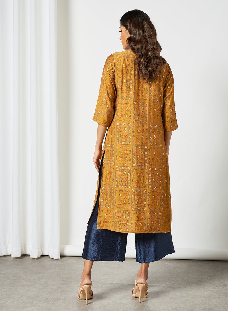 Zyna Fashion - Ethnic Printed Round Neck Mid Length Kurta Mustard - Image 1