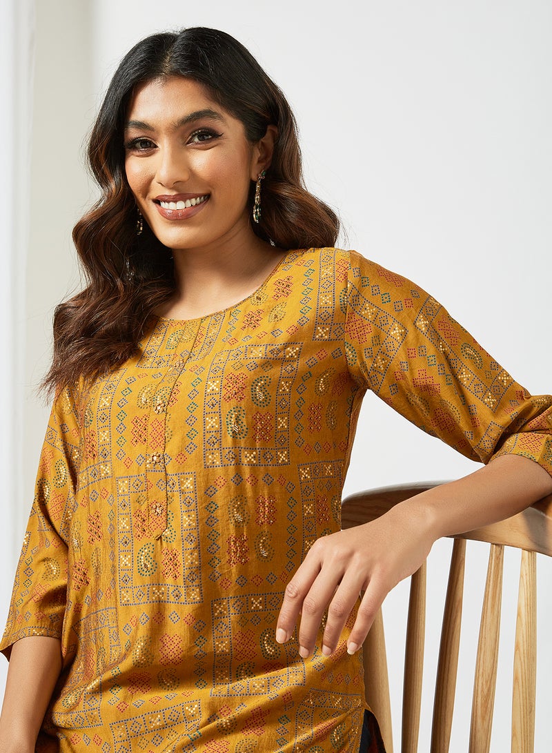 Zyna Fashion - Ethnic Printed Round Neck Mid Length Kurta Mustard - Image 1