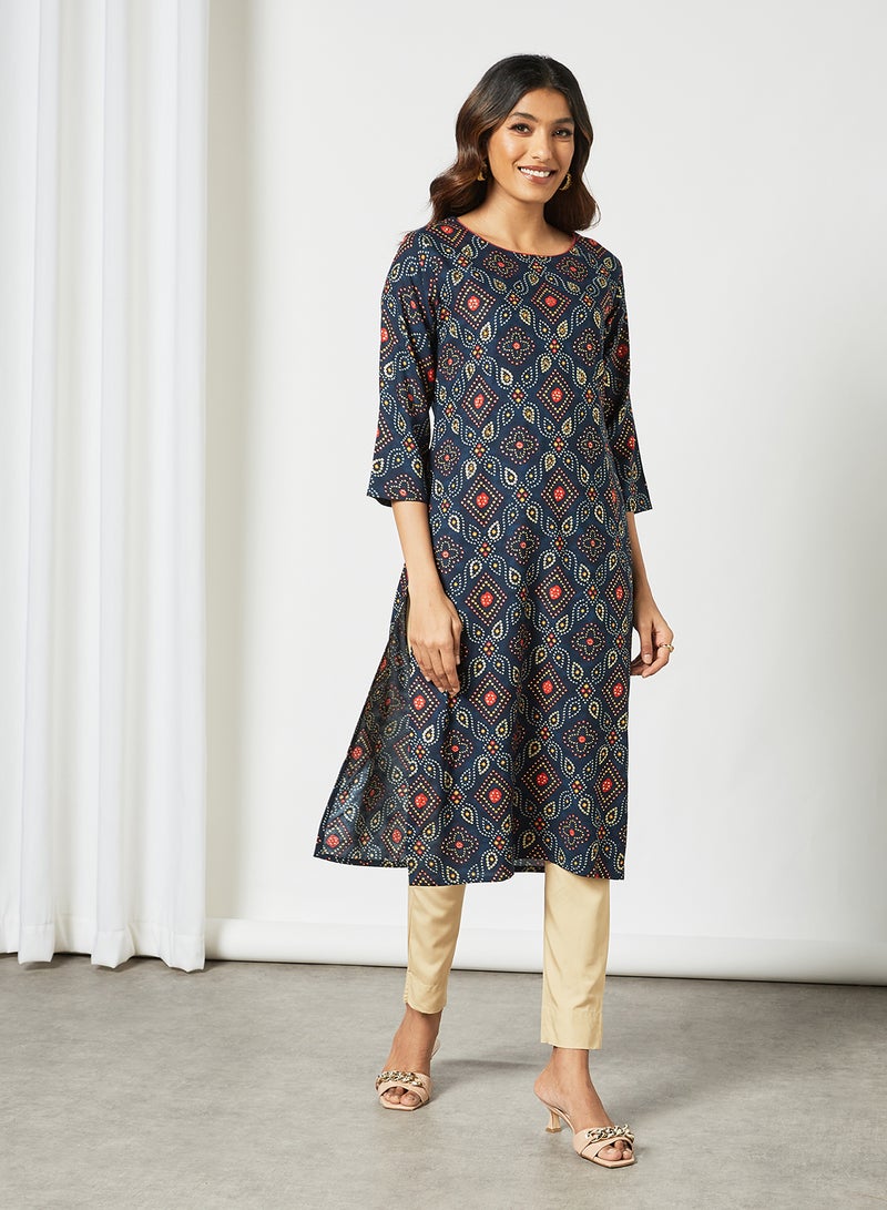 Zyna Fashion - Ethnic Printed Round Neck Mid Length Kurta Multicolour - Image 1