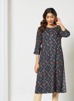 Ethnic Printed Round Neck Mid Length Kurta Multicolour