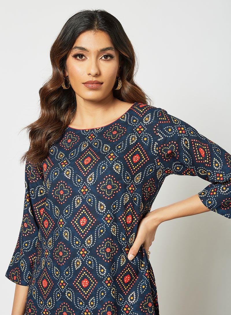Zyna Fashion - Ethnic Printed Round Neck Mid Length Kurta Multicolour - Image 1