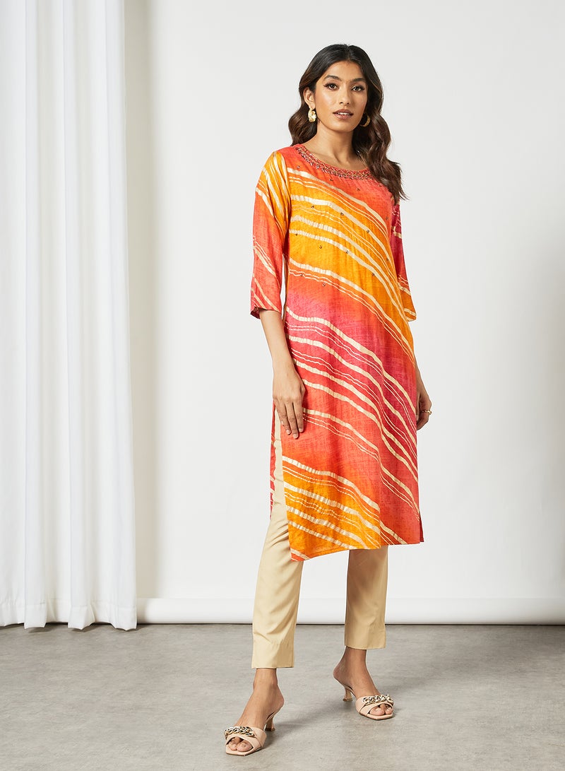 Zyna Fashion - Ethnic Striped Pattern Round Neck Mid Length Kurta Multicolour - Image 1