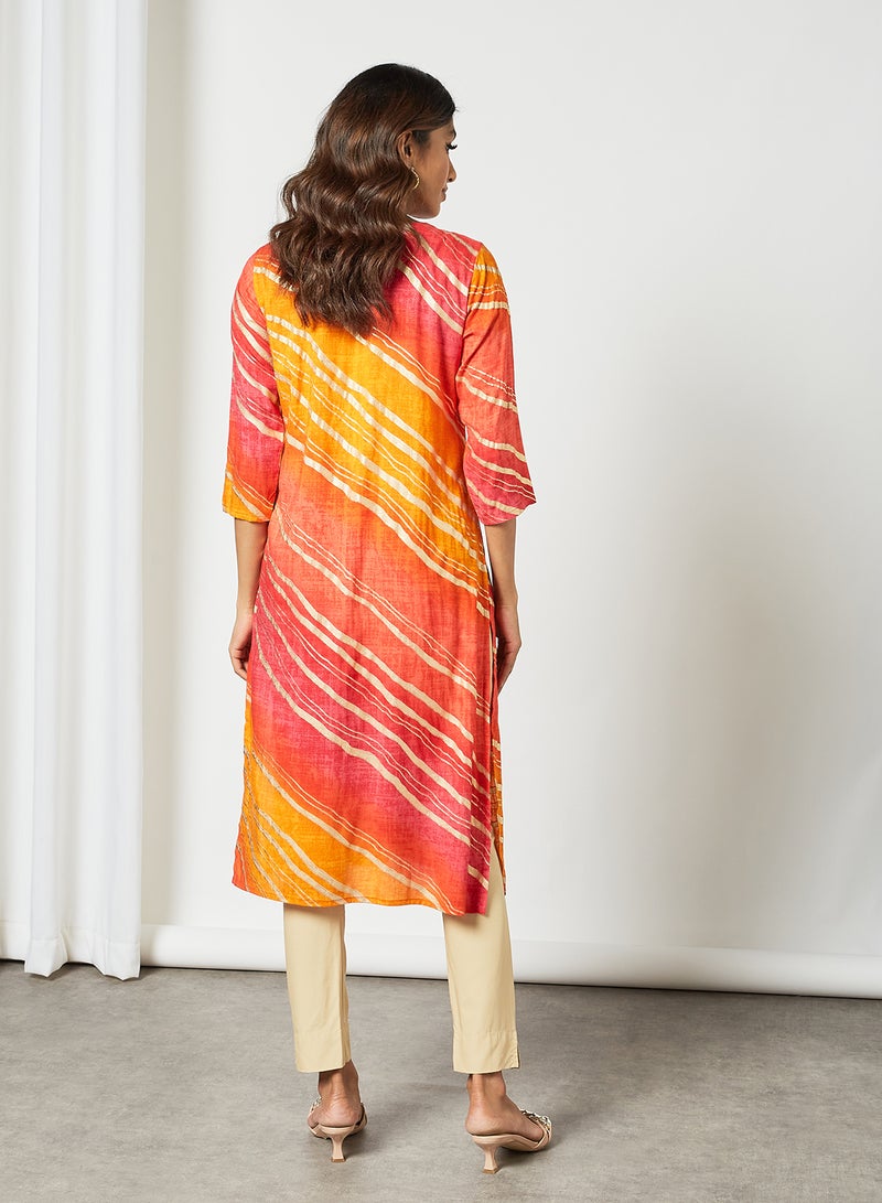 Zyna Fashion - Ethnic Striped Pattern Round Neck Mid Length Kurta Multicolour - Image 1