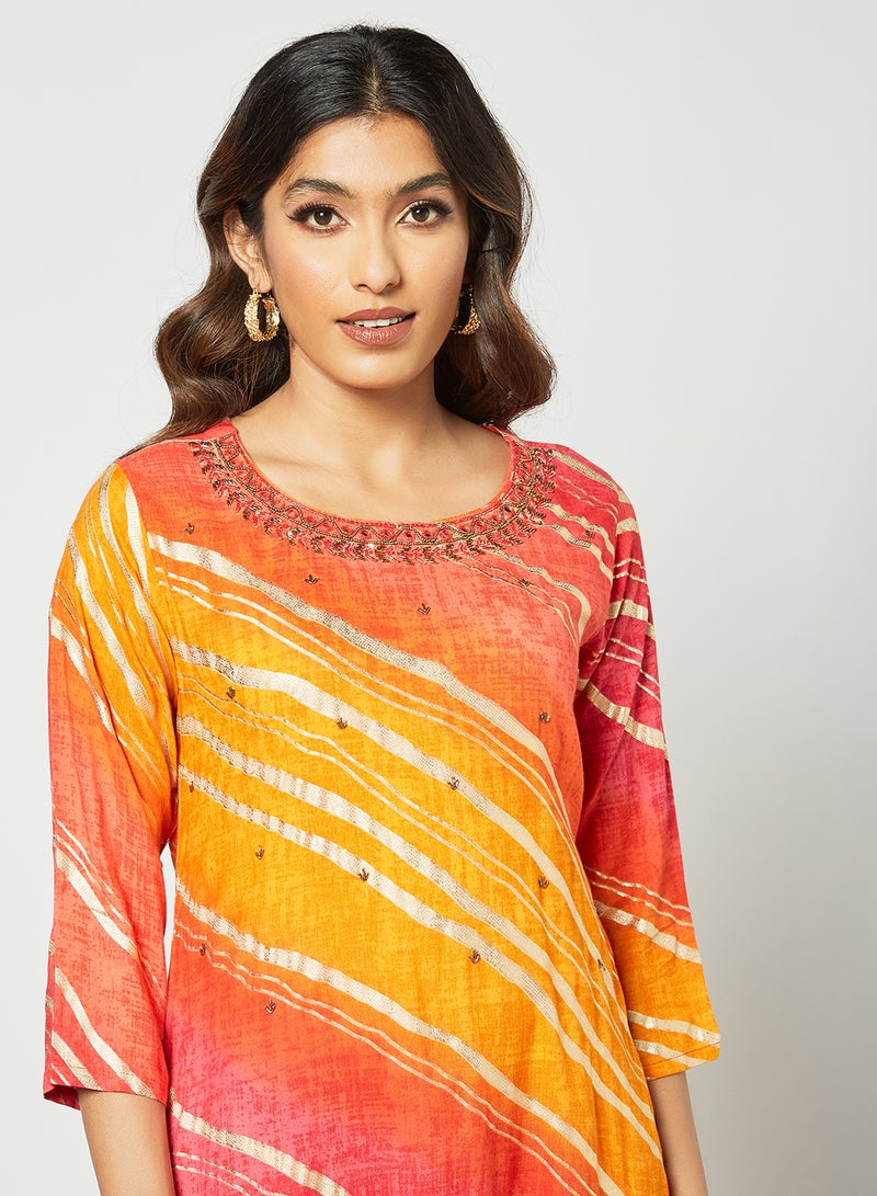 Zyna Fashion - Ethnic Striped Pattern Round Neck Mid Length Kurta Multicolour - Image 1