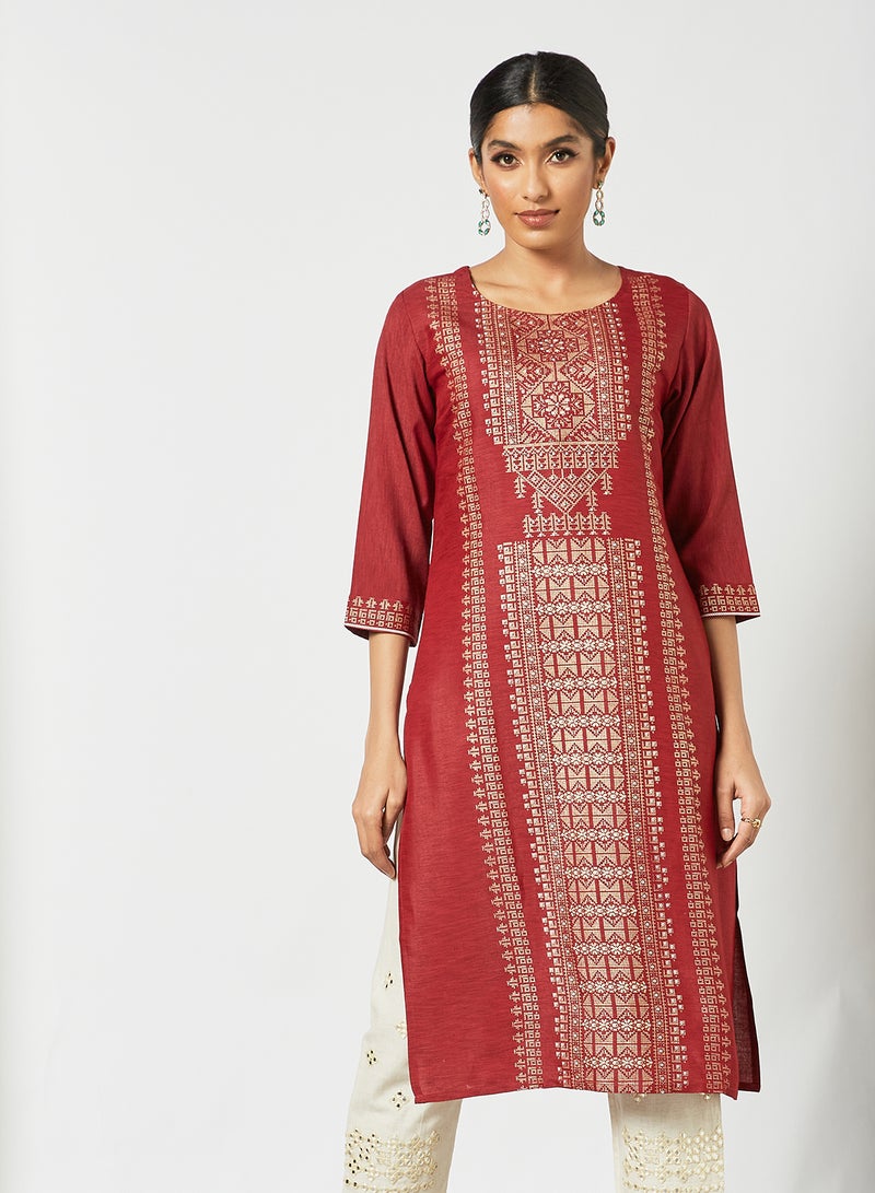 Ethnic Printed Round Neck Mid Length Kurta Red/Gold - v1633526191/N49889742V_1