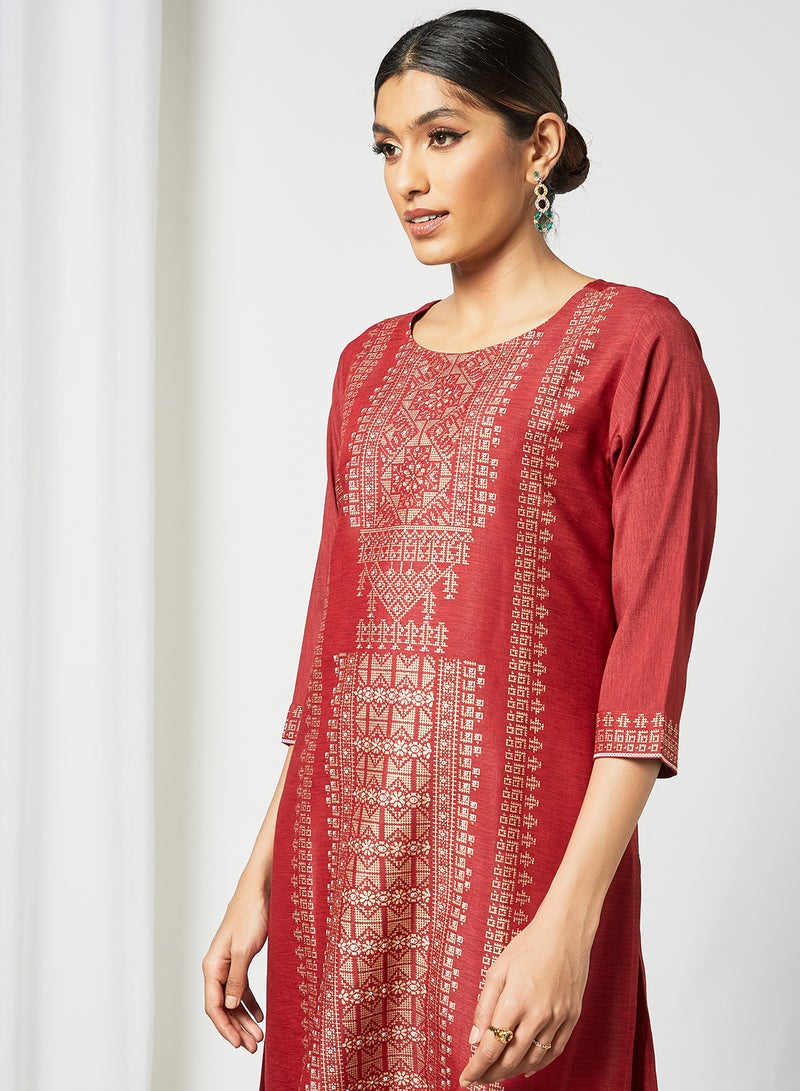 Ethnic Printed Round Neck Mid Length Kurta Red/Gold - v1633526191/N49889742V_2