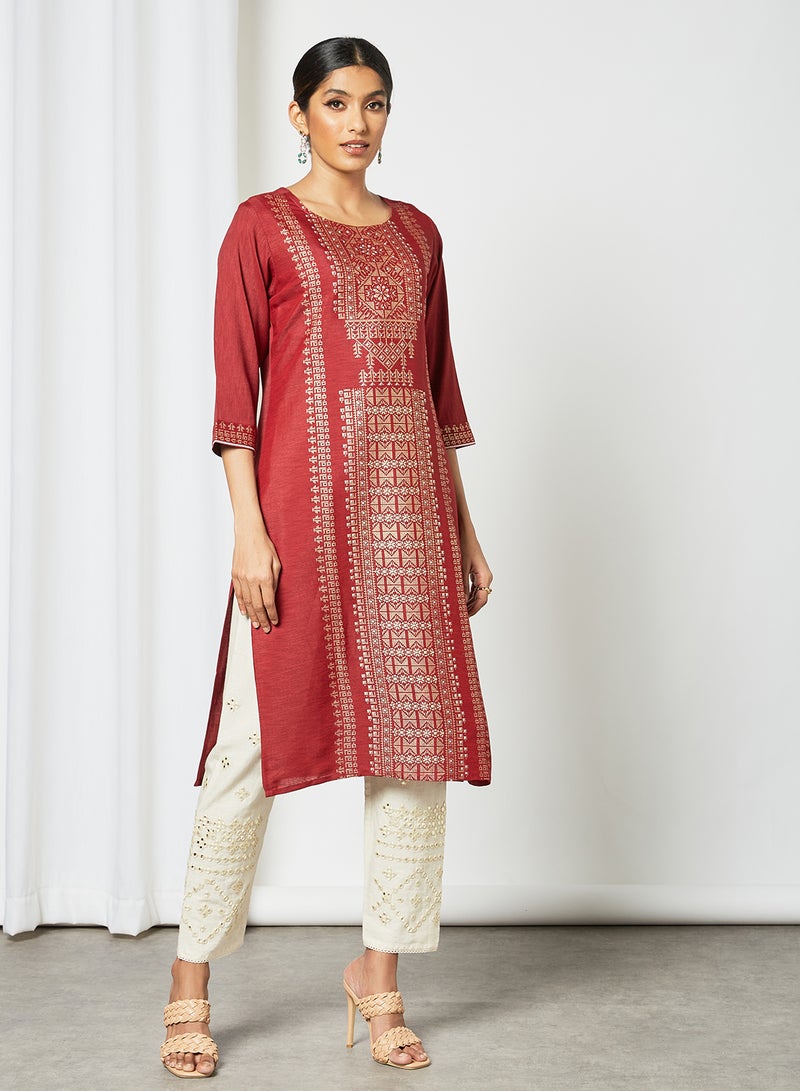 Ethnic Printed Round Neck Mid Length Kurta Red/Gold - v1633526191/N49889742V_3