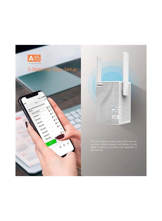 Tenda - AC750 Dual Band WiFi Range Extender Covers Up to 1200 Sq.ft and 20 Devices - A15 White - Image 1