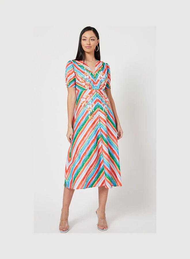 Closet By Styli Chevron Stripe Floral Printed A-Line Midi Dress Multicolour