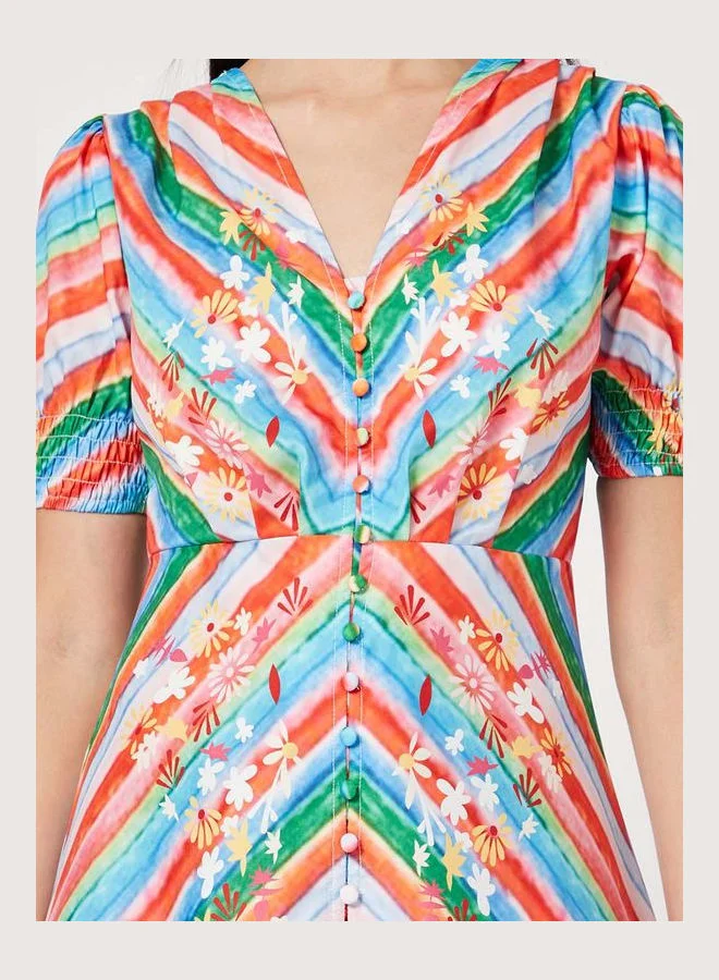 Closet By Styli Chevron Stripe Floral Printed A-Line Midi Dress Multicolour