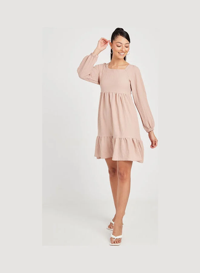 Closet By Styli Tiered Back Tie Up Mini Dress Beige