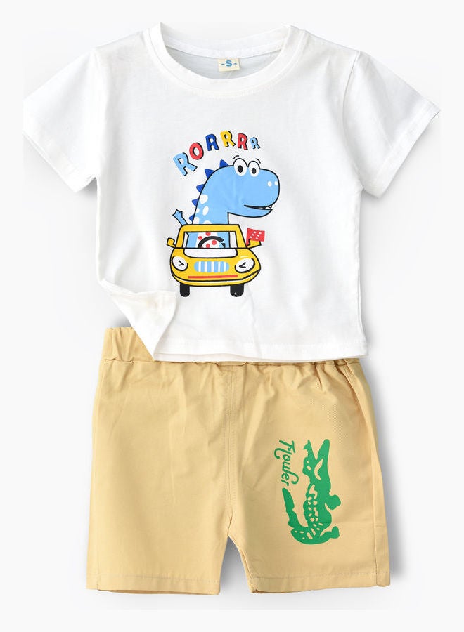 babyqlo Dino Printed T-Shirt And Shorts Set White/Beige  - Image 1