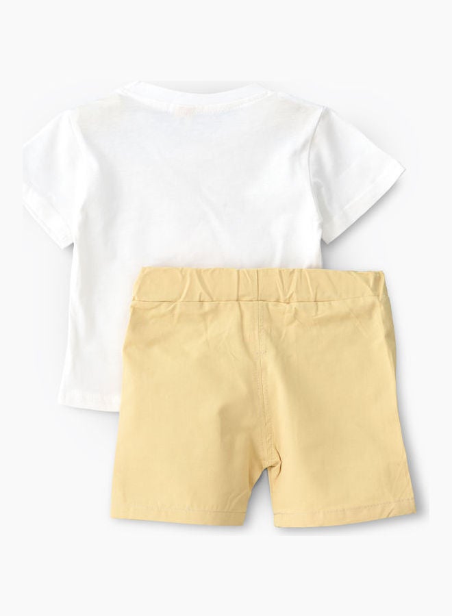 babyqlo Dino Printed T-Shirt And Shorts Set White/Beige  - Image 2