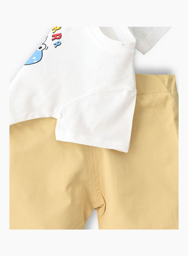 babyqlo Dino Printed T-Shirt And Shorts Set White/Beige  - Image 3