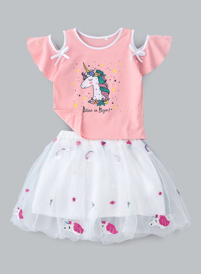 babyqlo Unicorn Printed Top And Skirt Set White/Pink  - Image 1