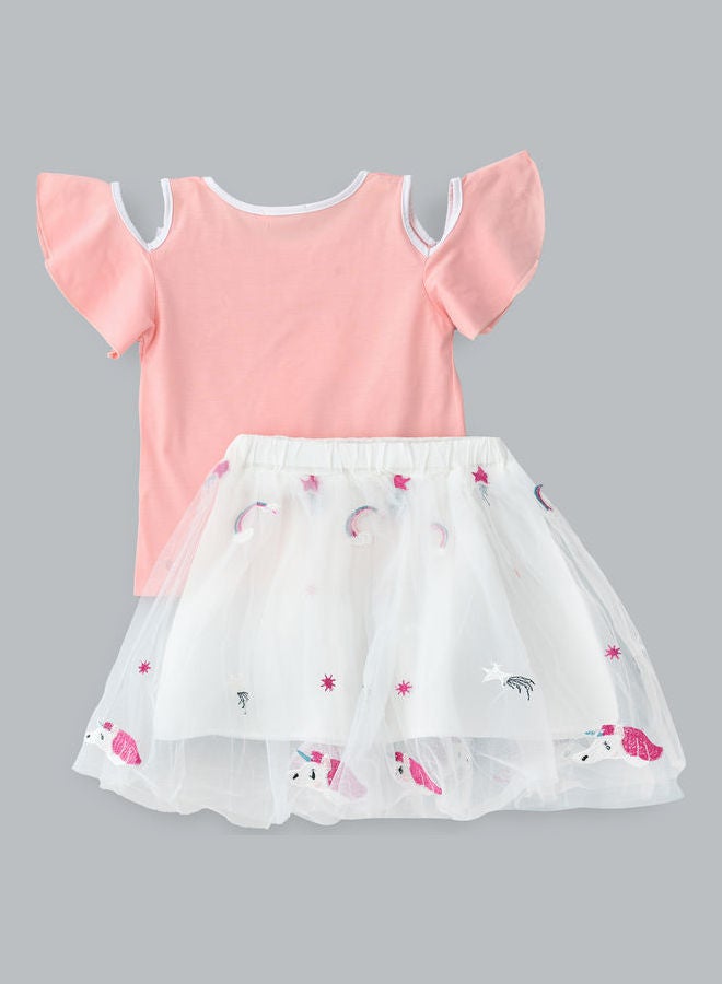 babyqlo Unicorn Printed Top And Skirt Set White/Pink  - Image 2