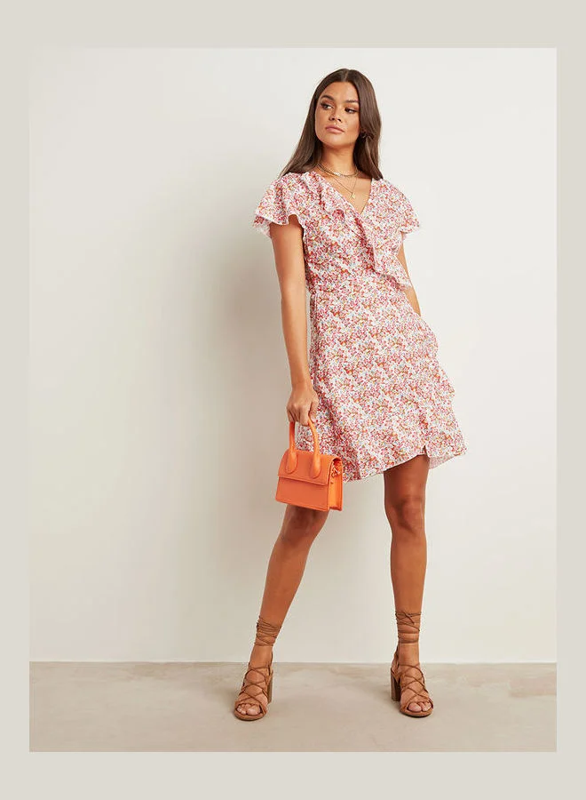 Closet By Styli Floral Printed Wrap Over Skater Mini Dress Multicolour