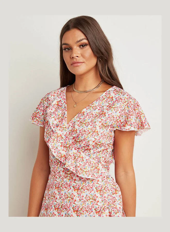 Closet By Styli Floral Printed Wrap Over Skater Mini Dress Multicolour