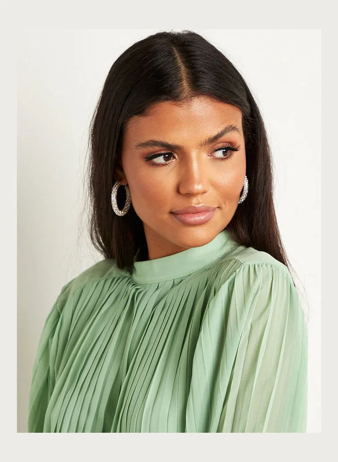 Closet By Styli Pleated Long Sleeve Belted Maxi Dress Green