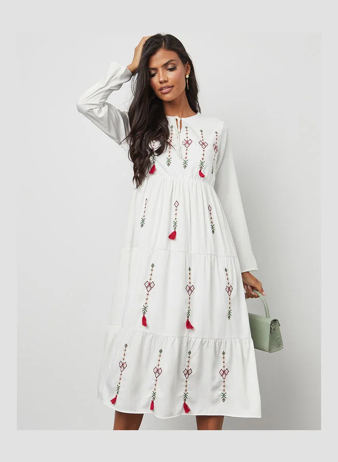 Closet By Styli Embroidered Pattern Tassel Detail A-Line Midi Dress White/Red
