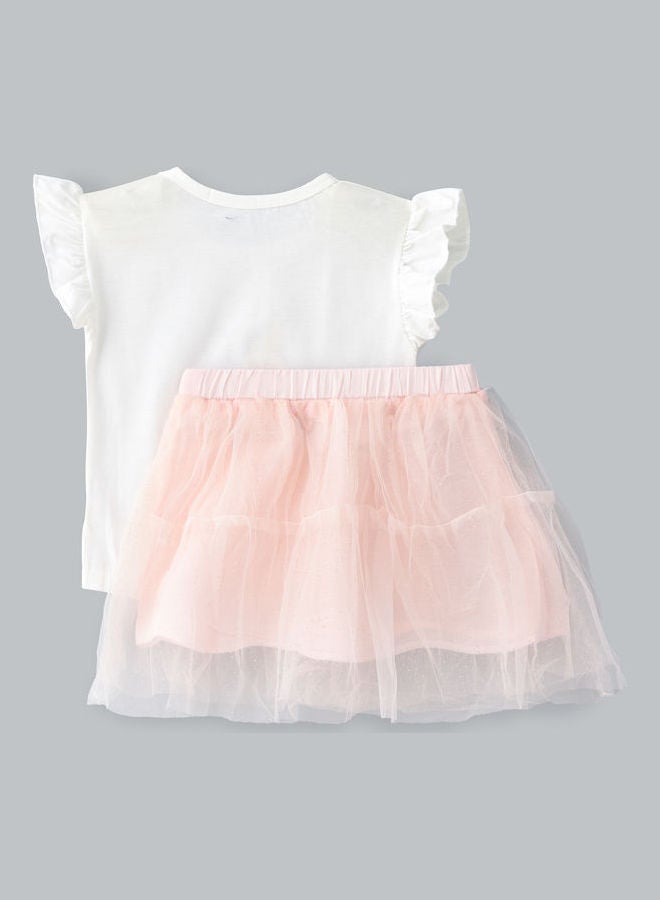 babyqlo - Unicorn Printed Top And Ruffle Layer Skirt Set White/Pink - Image 1