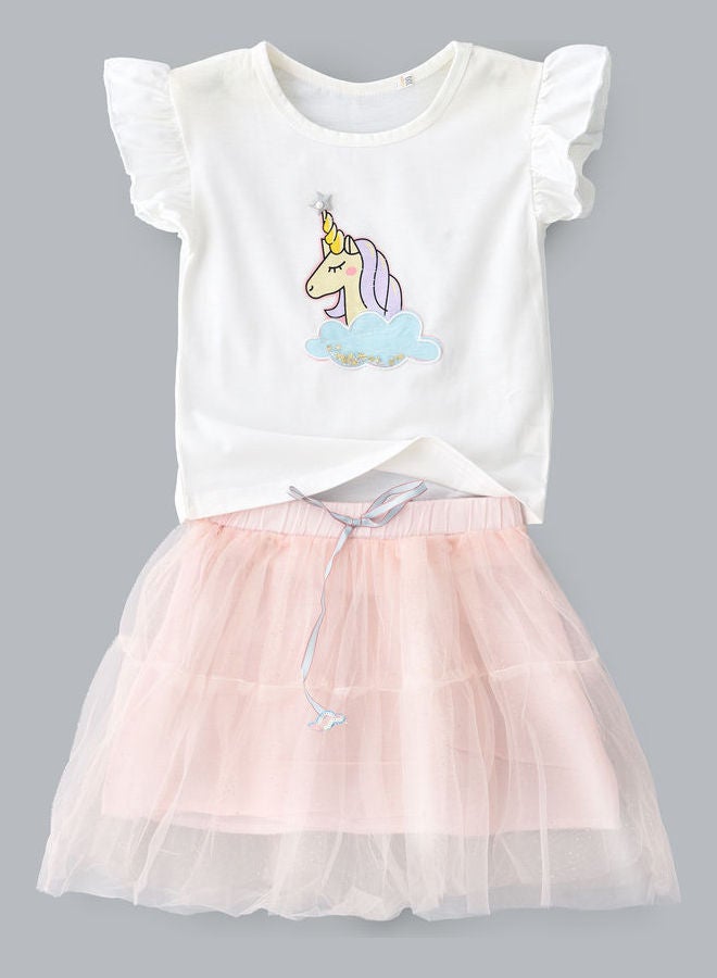 babyqlo - Unicorn Printed Top And Ruffle Layer Skirt Set White/Pink - Image 1