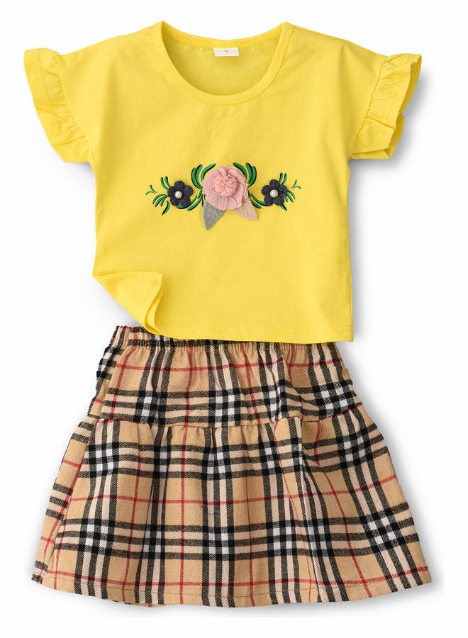babyqlo Flower Embroidered Top And Checked Skirt Set Multicolour  - Image 1