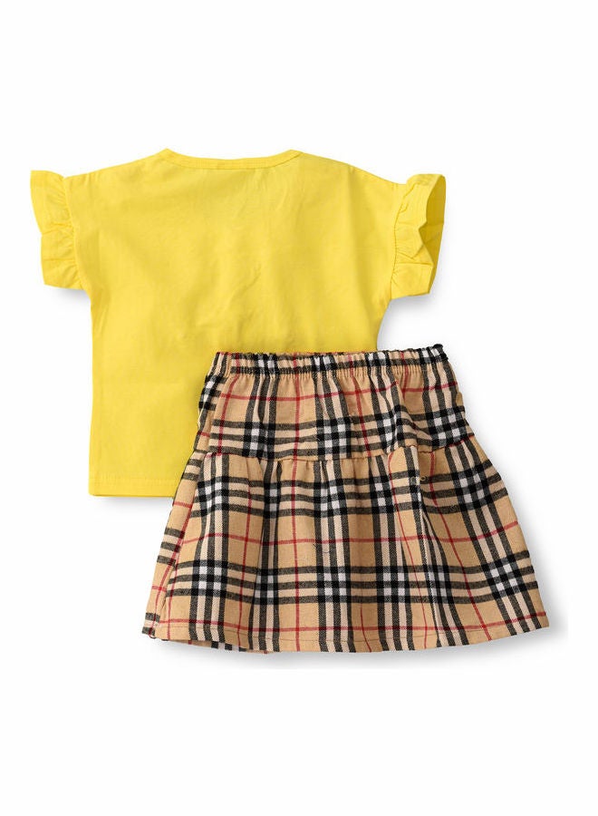 babyqlo Flower Embroidered Top And Checked Skirt Set Multicolour  - Image 2