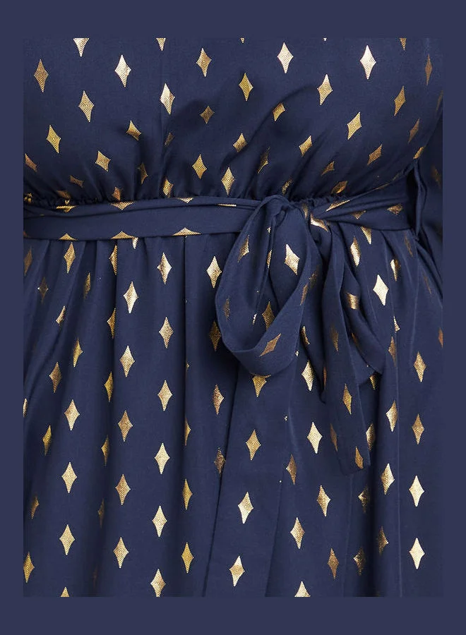 Closet By Styli Diamond Foil Printed A-Line Maxi Dress Navy Blue/Gold