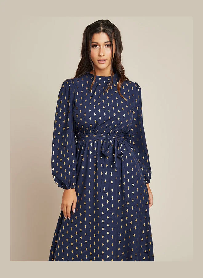 Closet By Styli Diamond Foil Printed A-Line Maxi Dress Navy Blue/Gold