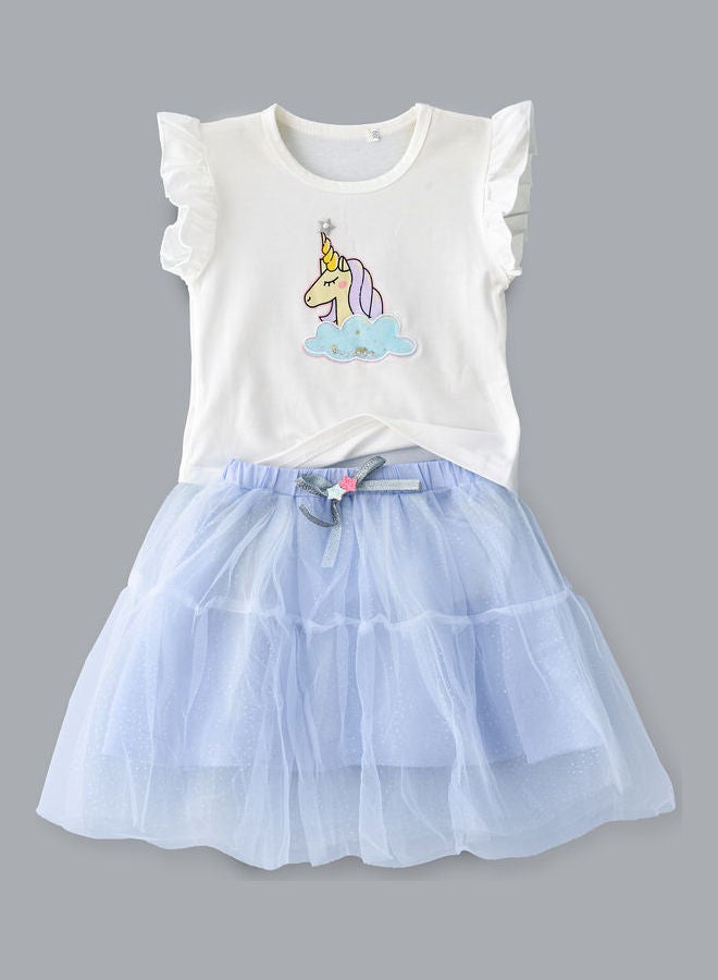 babyqlo - Unicorn Printed Top And Ruffle Layer Skirt Set White/Blue - Image 1