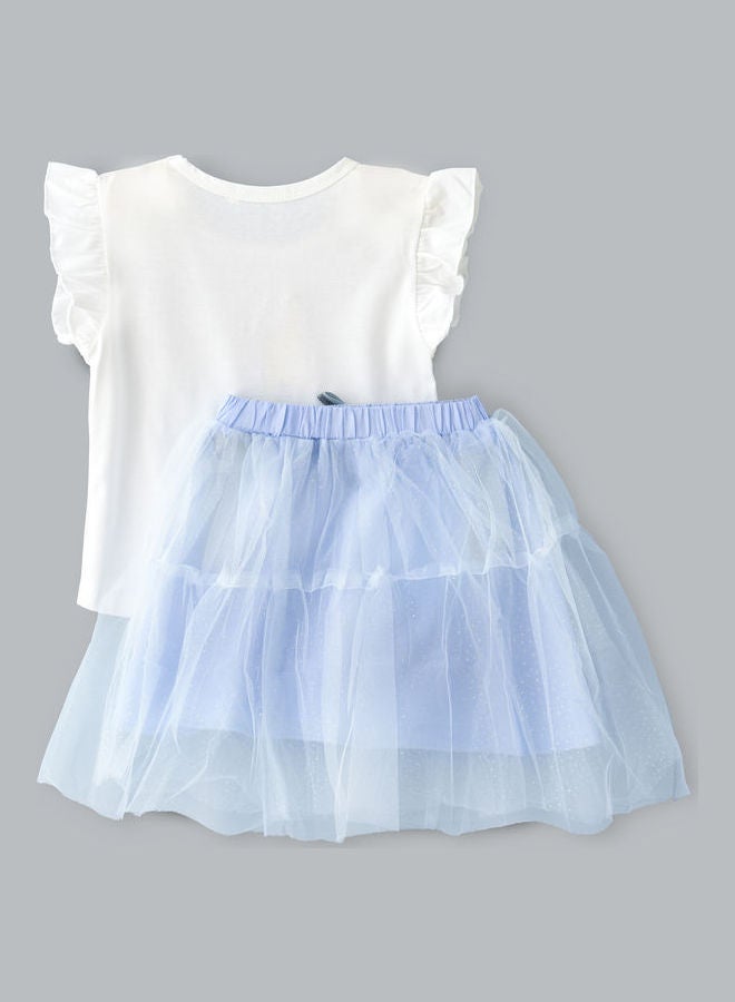babyqlo - Unicorn Printed Top And Ruffle Layer Skirt Set White/Blue - Image 1